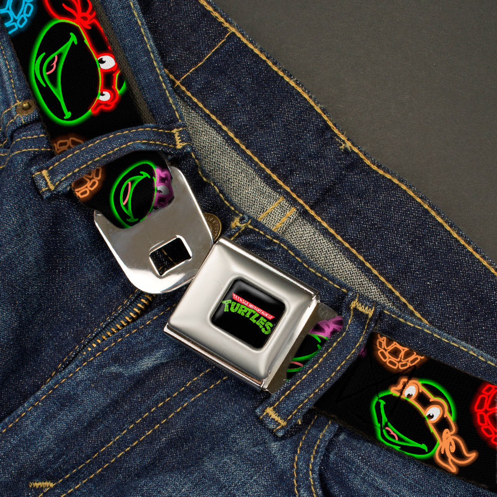 Classic TMNT Logo Full Color Seatbelt Belt - Classic Teenage Mutant Ninja Turtles Electric Expressions/Turtle Shells Black/Multi Neon Webbing - MEGA POP COMICS