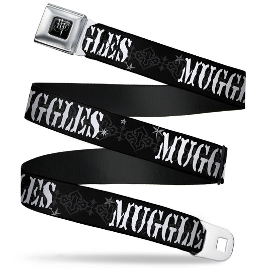 Harry Potter Logo Full Color Black/White Seatbelt Belt - MUGGLES Black/Gray/White Webbing - MEGA POP COMICS