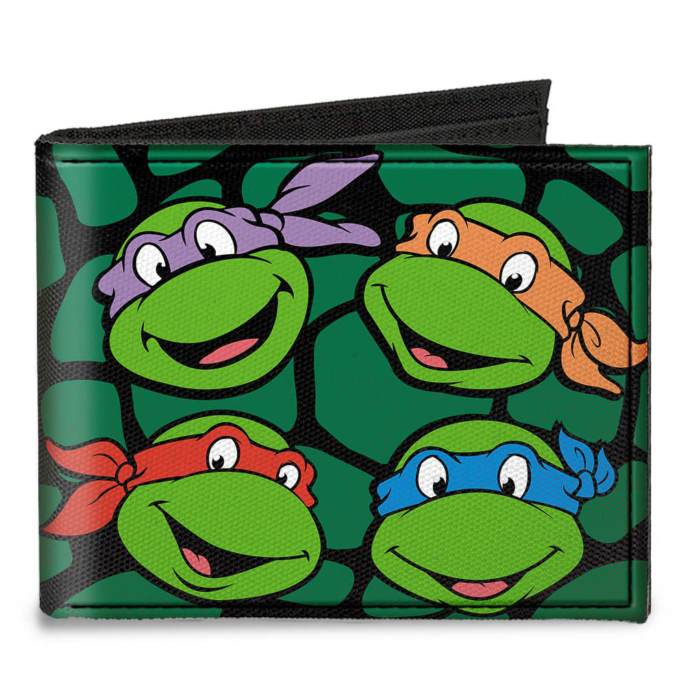 Canvas Bi-Fold Wallet - Classic TMNT Turtle Faces Black Green Turtle Shell - MEGA POP COMICS