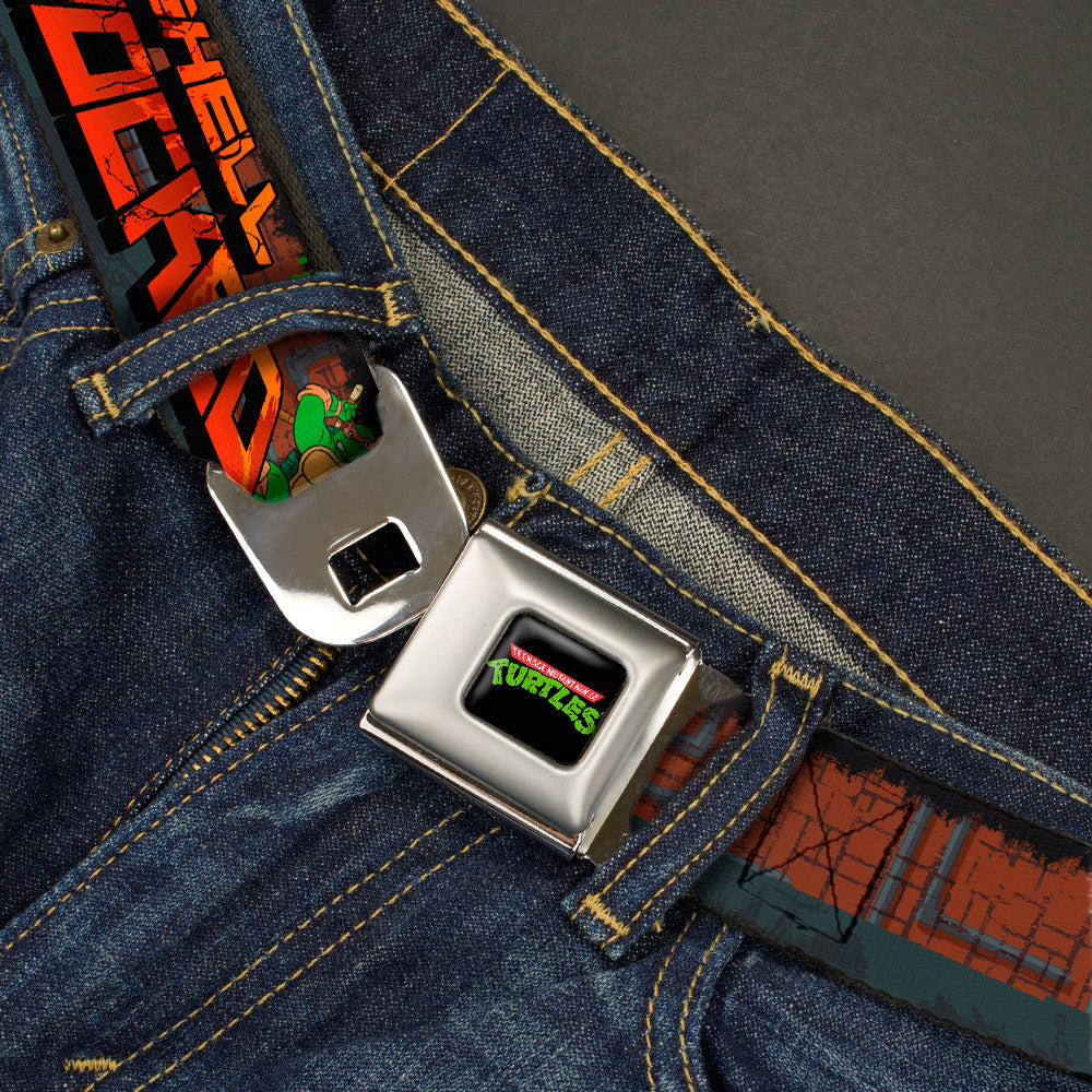Classic TMNT Logo Full Color Seatbelt Belt - Classic Teenage Mutant Ninja Turtles Turtles Pose15 SHELL SHOCKED Brick Wall/Splatter Webbing - MEGA POP COMICS