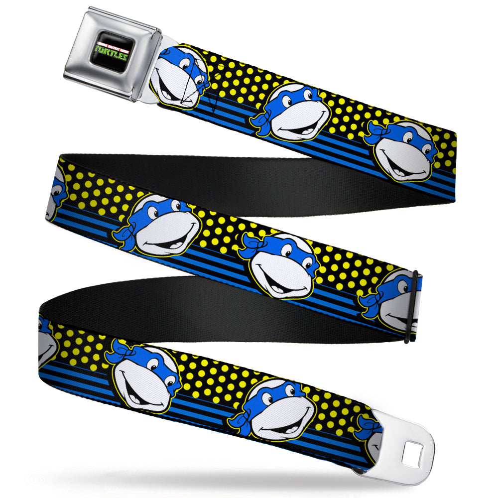 Classic TMNT Logo2 Full Color Seatbelt Belt - Classic TMNT Leonardo Expression Dots/Stripes Black/Yellow/Blue/White Webbing - MEGA POP COMICS