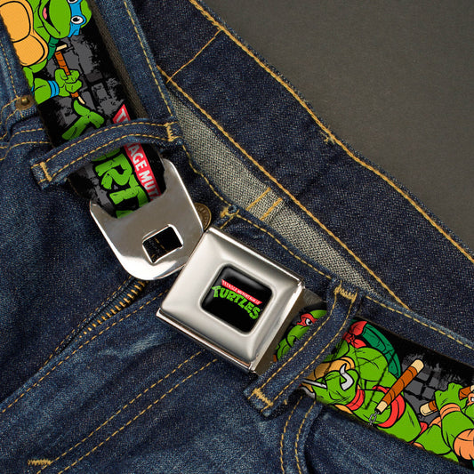 Classic TMNT Logo Full Color Seatbelt Belt - Classic TEENAGE MUTANT NINJA TURTLES Group Pose4 in Sewer/TMNT Logo Webbing - MEGA POP COMICS