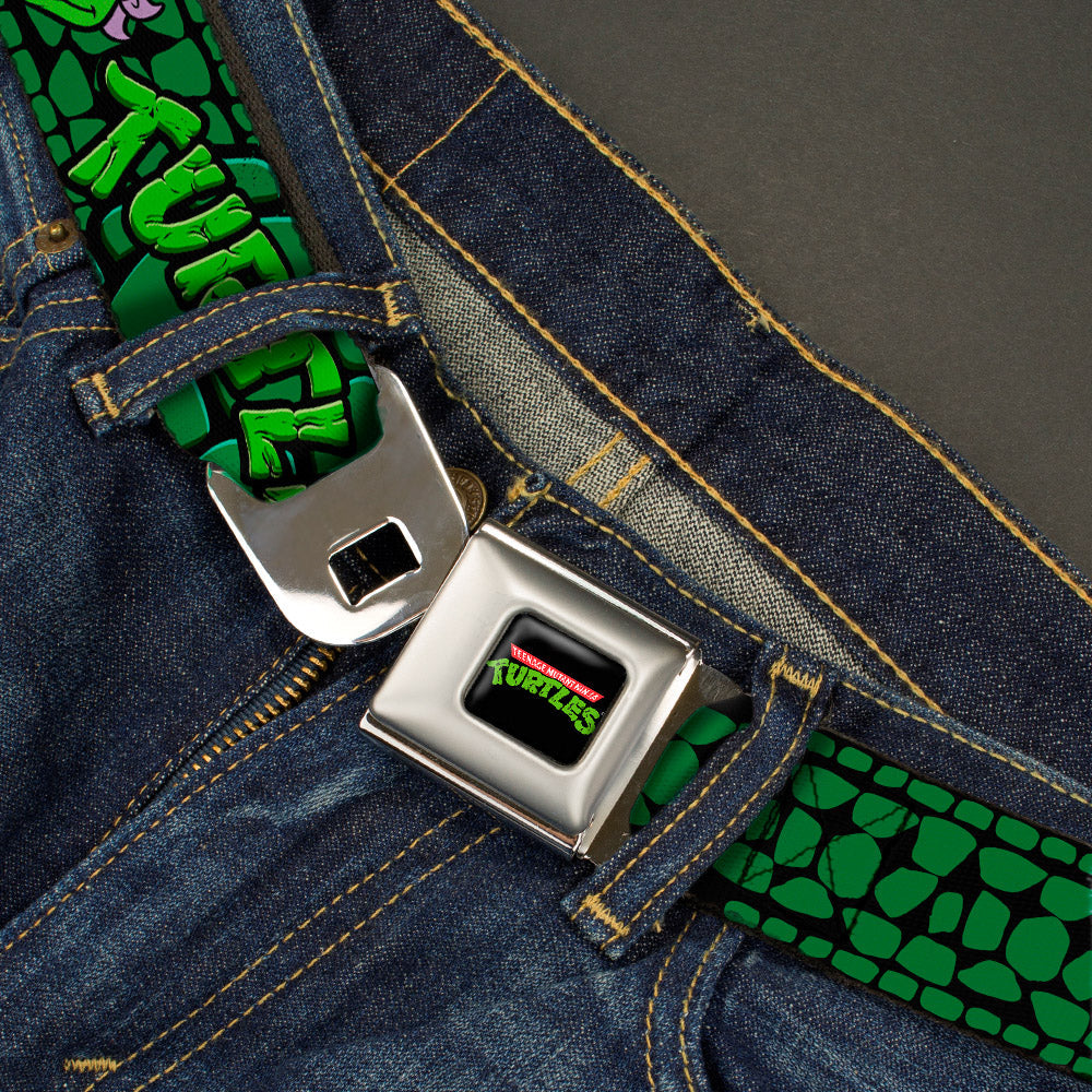Classic TMNT Logo Full Color Seatbelt Belt - Classic Teenage Mutant Ninja Turtles Group Faces/TURTLES Turtle Shell Black/Green Webbing - MEGA POP COMICS