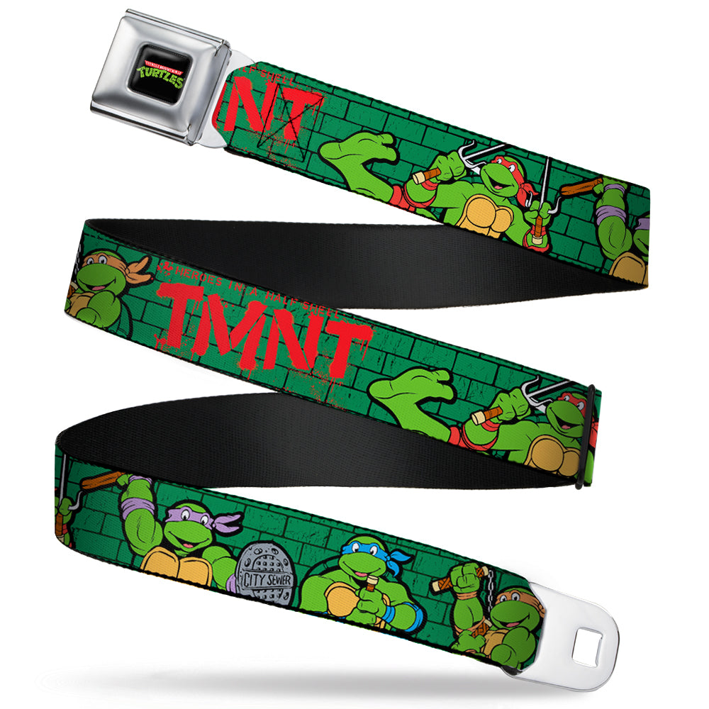 Classic TMNT Logo Full Color Seatbelt Belt - Classic Teenage Mutant Ninja Turtles Group Pose2/TMNT Green Brick Wall Webbing - MEGA POP COMICS