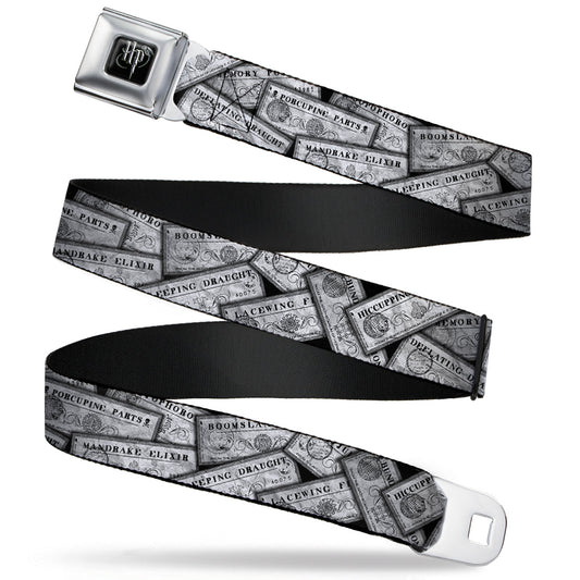 Harry Potter Logo Full Color Black/White Seatbelt Belt - Harry Potter Potion Labels Webbing - MEGA POP COMICS