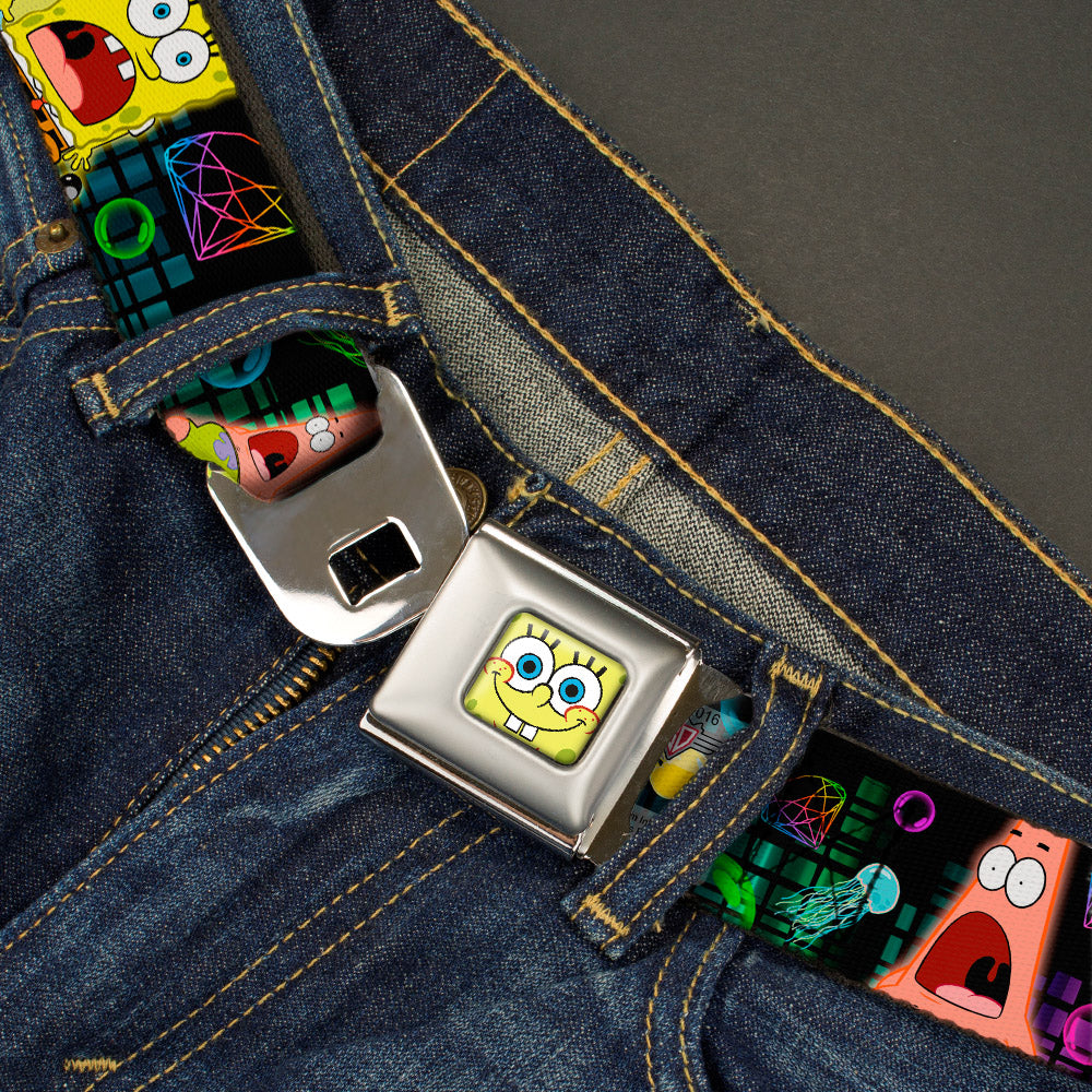 Sponge Bob Face CLOSE-UP Full Color Seatbelt Belt - Surprised SpongeBob & Patrick Starfish/SPONGEBOB/Jellyfish Black/Multi Color Webbing - MEGA POP COMICS
