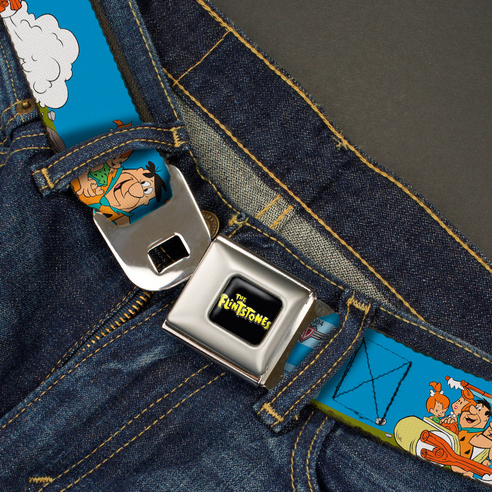 THE FLINTSTONES Logo Full Color Black Yellow Seatbelt Belt - The Flintstones and Rubbles Group Pose/Logo Blue Webbing - MEGA POP COMICS