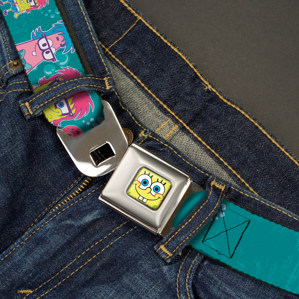 Sponge Bob Face CLOSE-UP Full Color Seatbelt Belt - Patrick, SpongeBob & Gary NOT NORMAL Aqua Webbing - MEGA POP COMICS