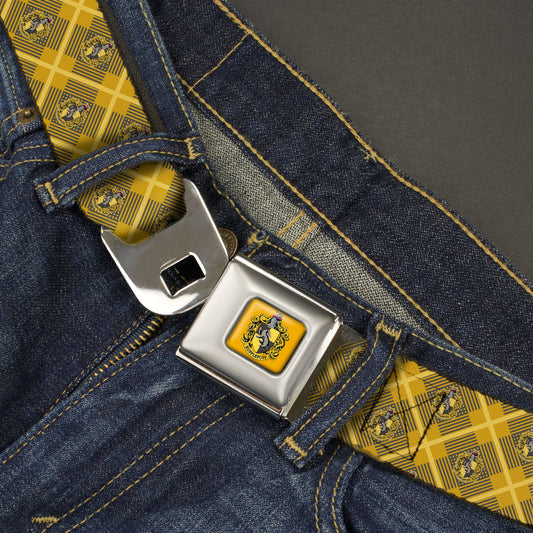HUFFLEPUFF Crest Full Color Gold Seatbelt Belt - Harry Potter Hufflepuff Crest Plaid Yellows/Gray Webbing - MEGA POP COMICS
