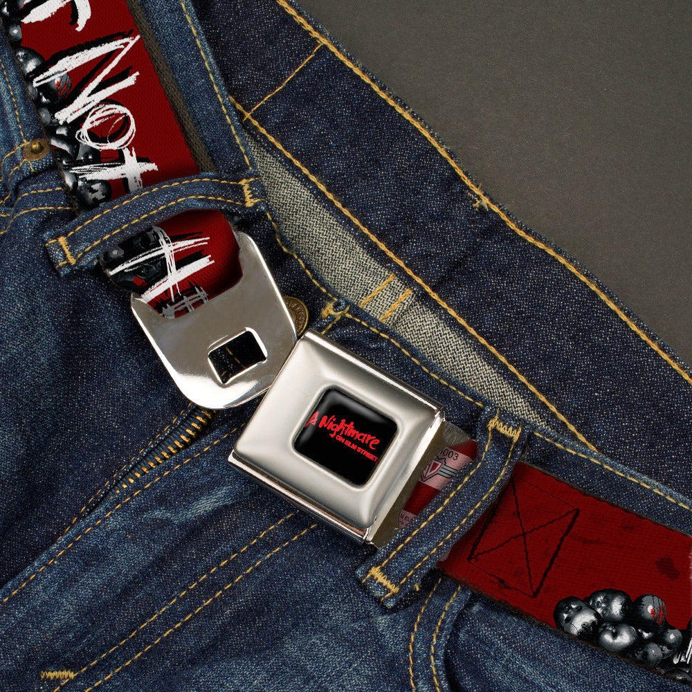 A NIGHTMARE ON ELM STREET Full Color Black/Blood Splatter Reds Seatbelt Belt - A NIGHTMARE ON ELM STREET/READY OR NOT HERE I COME/Freddy Pose/Skulls Reds/Black/Grays/White Webbing - MEGA POP COMICS