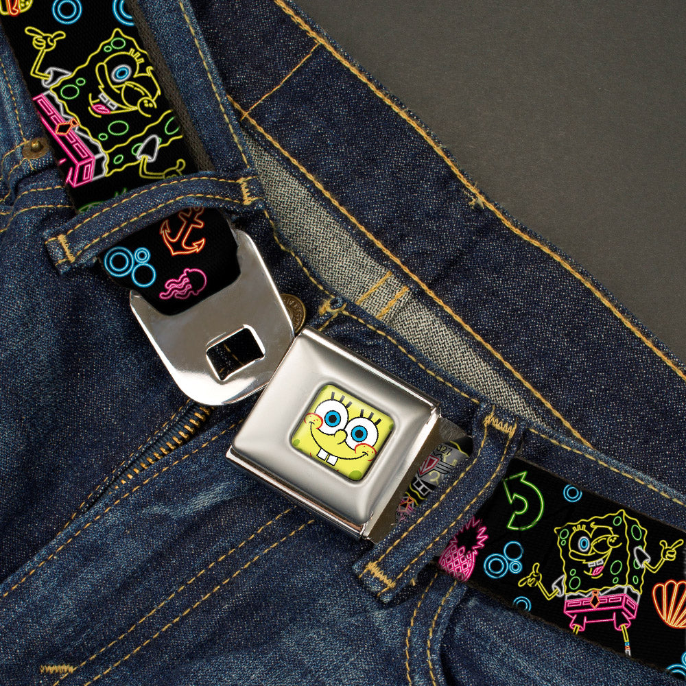 Sponge Bob Face CLOSE-UP Full Color Seatbelt Belt - Electric SpongeBob Poses/Elements Black/Multi Color Webbing - MEGA POP COMICS