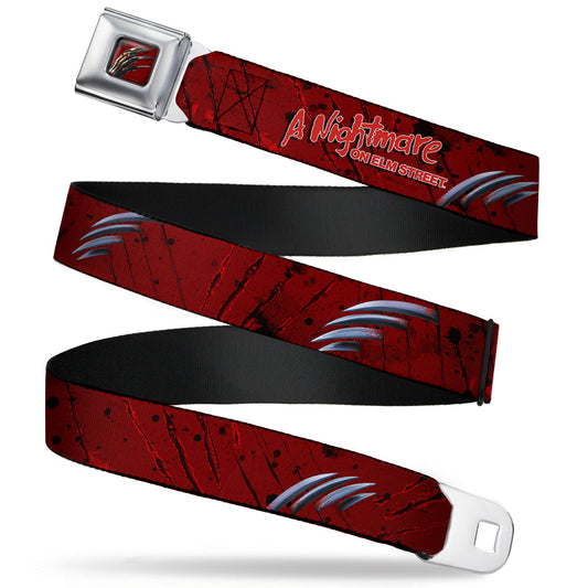 Freddy Krueger Blade Hand Full Color Black/Blood Splatter Seatbelt Belt - A NIGHTMARE ON ELM STREET/Freddy's Hand Scratching Reds/Black/Gray Webbing - MEGA POP COMICS