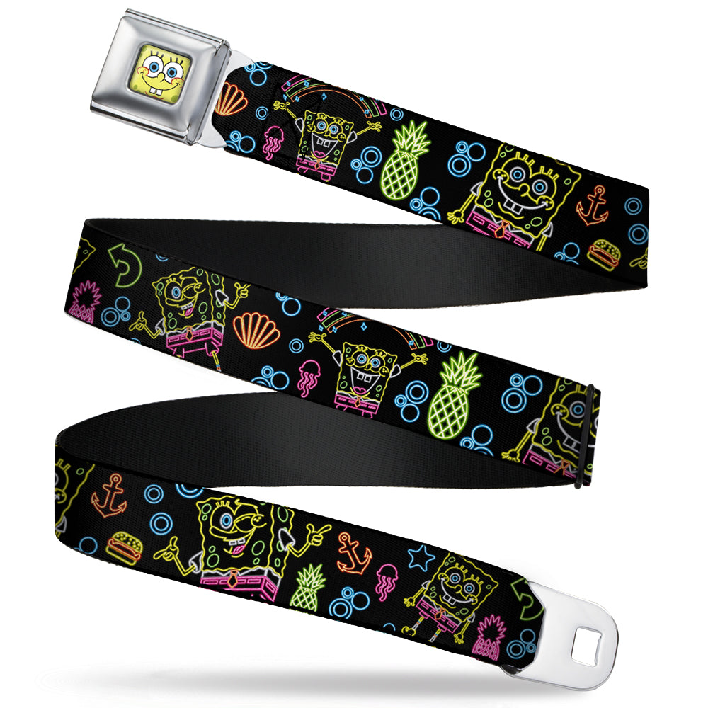 Sponge Bob Face CLOSE-UP Full Color Seatbelt Belt - Electric SpongeBob Poses/Elements Black/Multi Color Webbing - MEGA POP COMICS