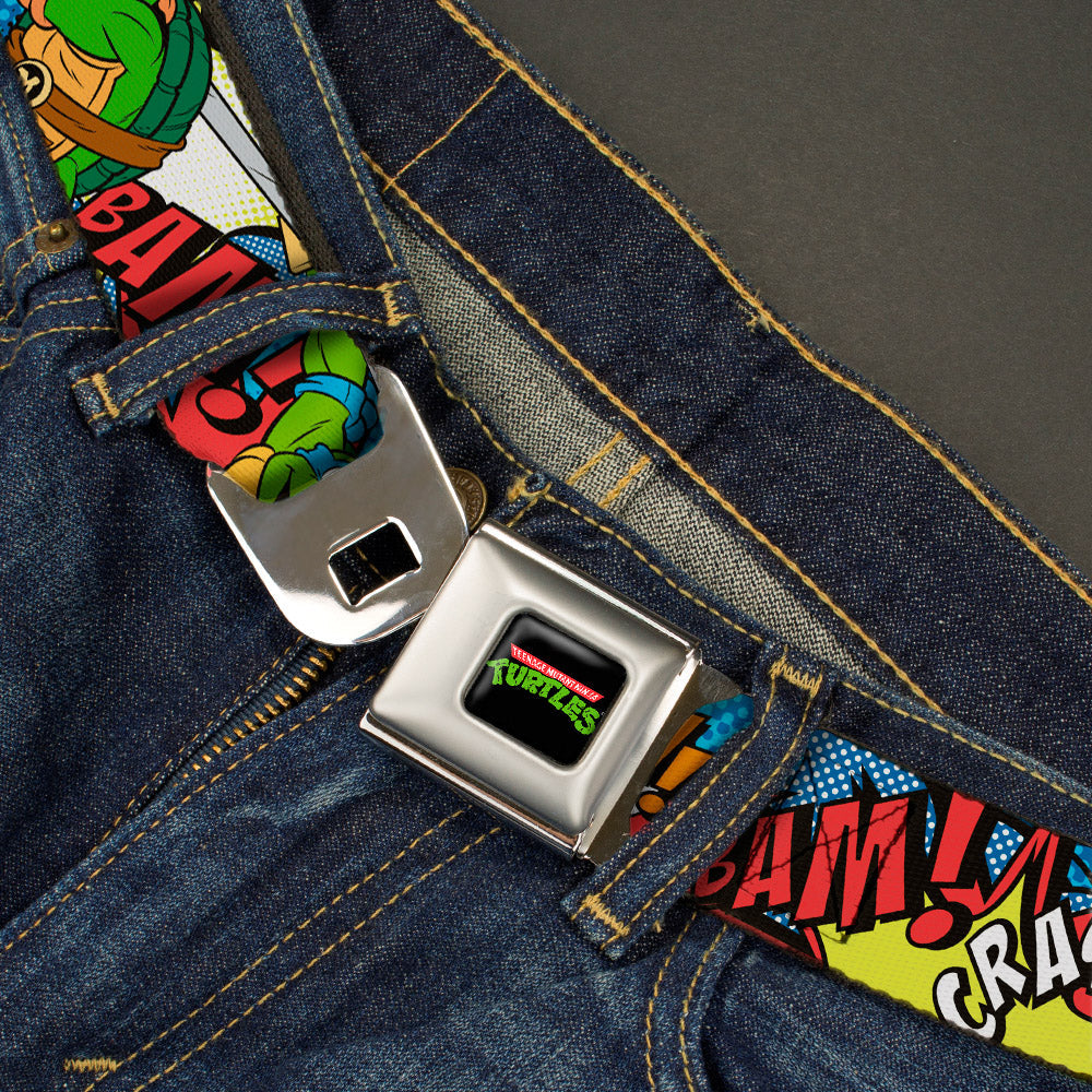 Classic TMNT Logo Full Color Seatbelt Belt - Classic Teenage Mutant Ninja Turtles Action Poses/Action Bubbles Dots Blues Webbing - MEGA POP COMICS