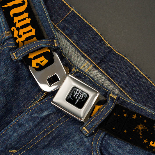 Harry Potter Logo Full Color Black/White Seatbelt Belt - MUGGLE/Stars Black/Gold Webbing - MEGA POP COMICS
