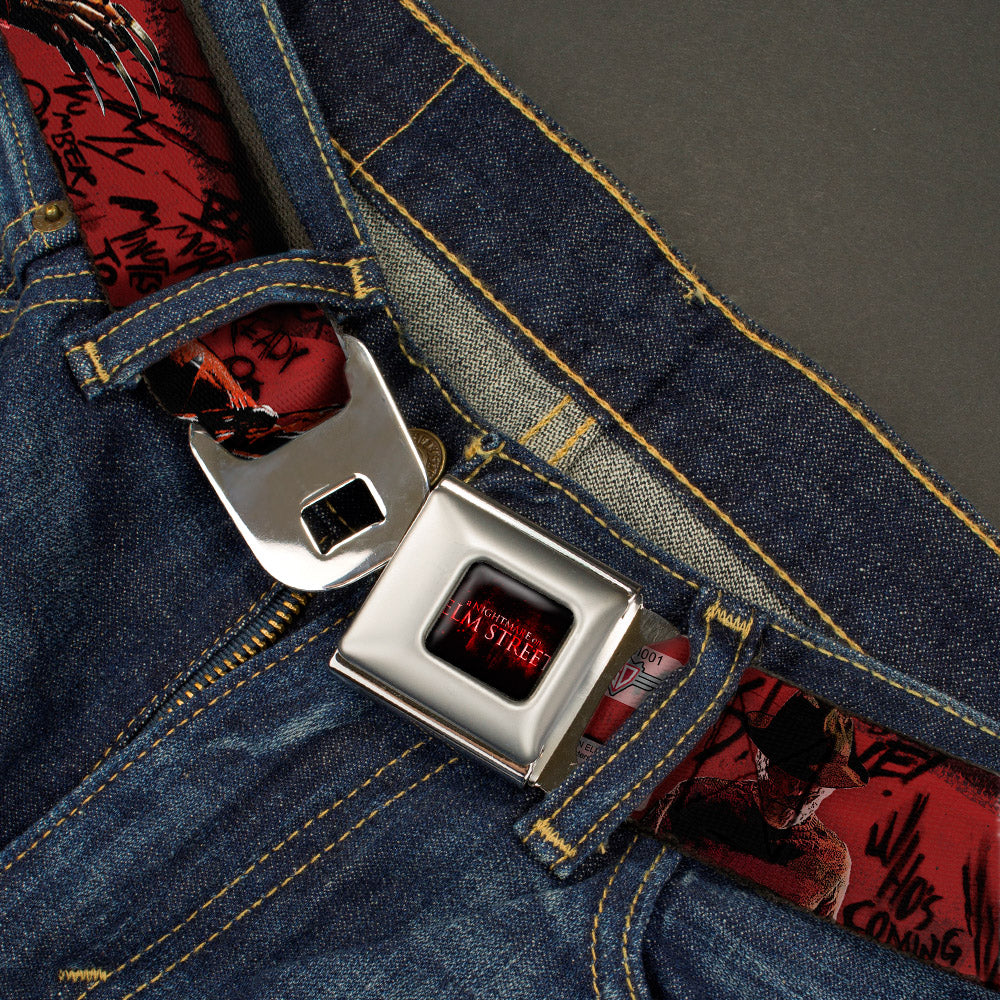 A NIGHTMARE ON ELM STREET Logo Full Color Black/Reds Seatbelt Belt - Freddy 4-Poses/Quote Scrawls/Hand Scratching Reds/Black Webbing - MEGA POP COMICS