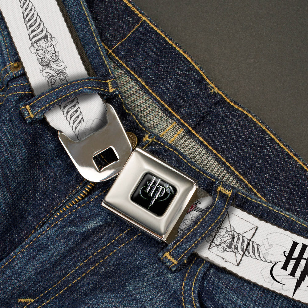 Harry Potter Logo Full Color Black/White Seatbelt Belt - Harry Potter GRYFFINDOR/RAVENCLAW/SLYTHERIN White/Black Webbing - MEGA POP COMICS