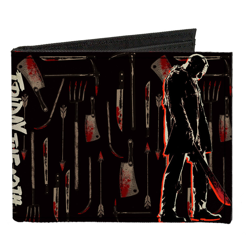Canvas Bi-Fold Wallet - FRIDAY THE 13TH Jason Machete Pose Bloody Tools Black Grays Reds - MEGA POP COMICS
