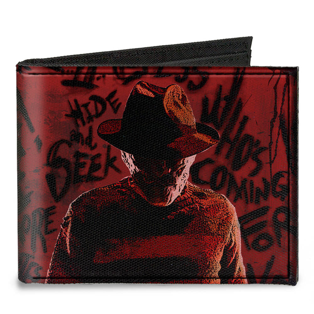 Canvas Bi-Fold Wallet - Freddy Pose2 + Hand Scratching Quote Scrawls Reds Black - MEGA POP COMICS