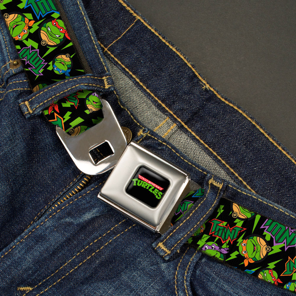 Classic TMNT Logo Full Color Seatbelt Belt - Classic TMNT/Bolts/Faces Black/Greens Webbing - MEGA POP COMICS
