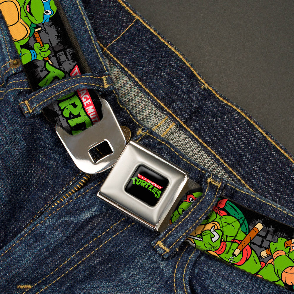 Classic TMNT Logo Full Color Seatbelt Belt - Classic TEENAGE MUTANT NINJA TURTLES Group Pose4 in Sewer/TMNT Logo Webbing - MEGA POP COMICS