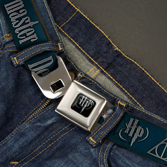 Harry Potter Logo Full Color Black/White Seatbelt Belt - HP/Deathly Hallows Symbol TOGETHER...THEY MAKE ONE MASTER OF DEATH. Blue Fade/Gray Webbing - MEGA POP COMICS