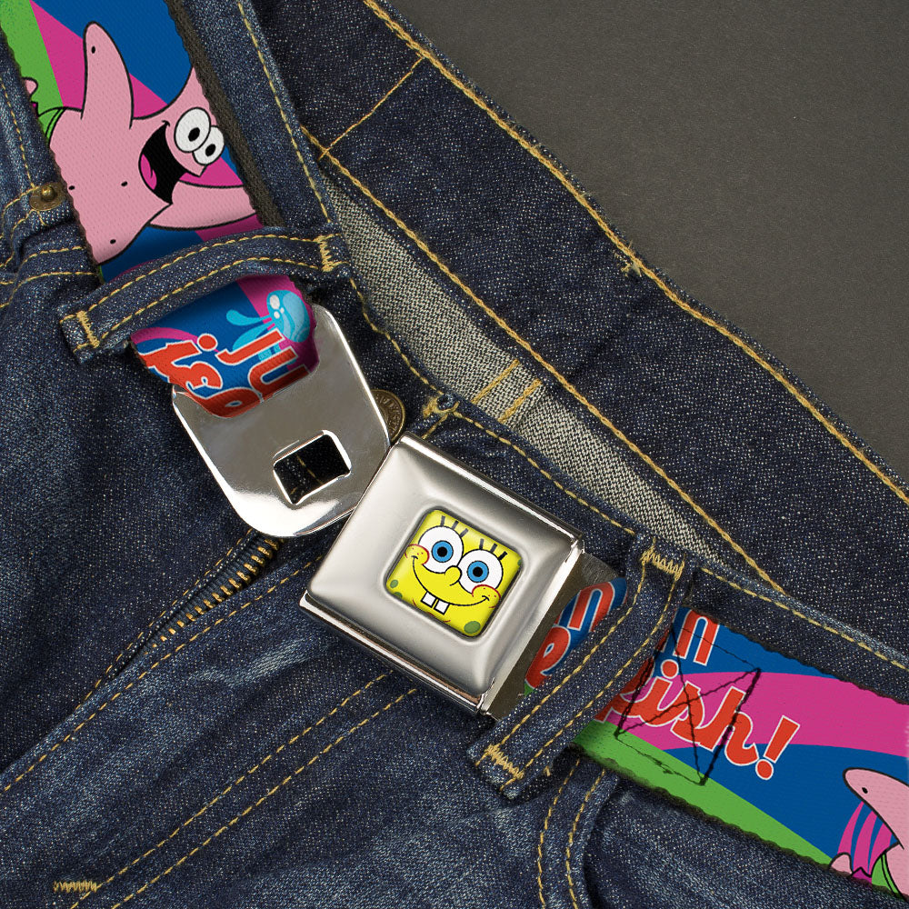 Sponge Bob Face CLOSE-UP Full Color Seatbelt Belt - Nerd SpongeBob & Patrick Starfish Running JUMPIN' JELLYFISH! Multi Color/Red Webbing - MEGA POP COMICS