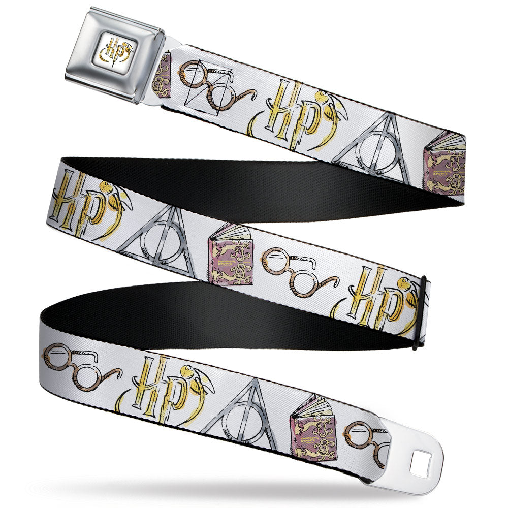 Harry Potter HP Logo Watercolor Full Color White/Yellows Seatbelt Belt - Harry Potter 4-Icons Watercolor White/Multi Color Webbing - MEGA POP COMICS