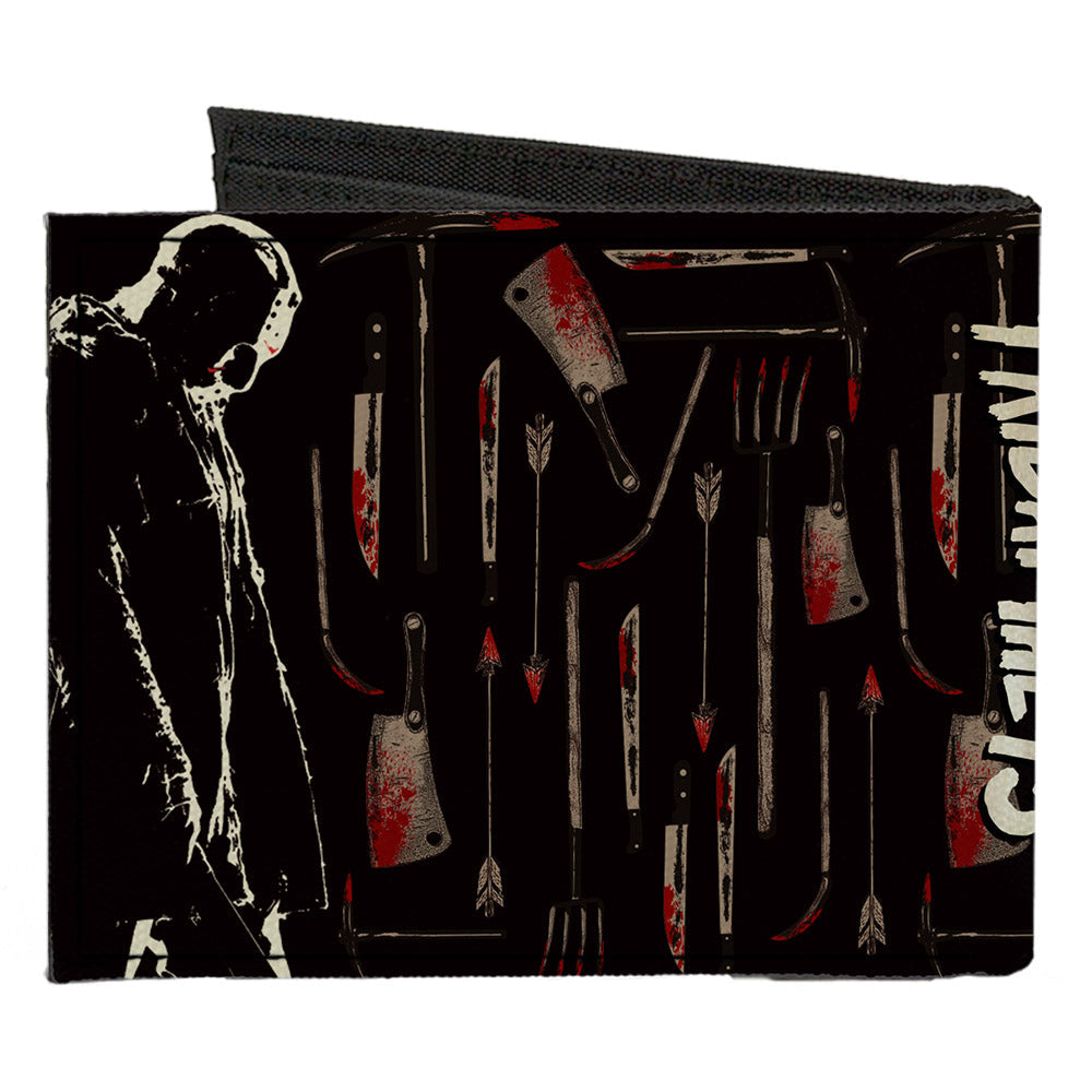 Canvas Bi-Fold Wallet - FRIDAY THE 13TH Jason Machete Pose Bloody Tools Black Grays Reds - MEGA POP COMICS