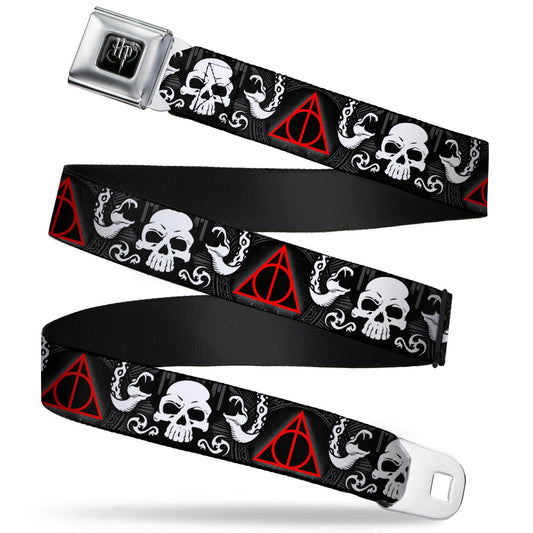 Harry Potter Logo Full Color Black/White Seatbelt Belt - Deathly Hallows Symbol/Death Mark Skull/Snakes Black/Gray/White/Red Webbing - MEGA POP COMICS