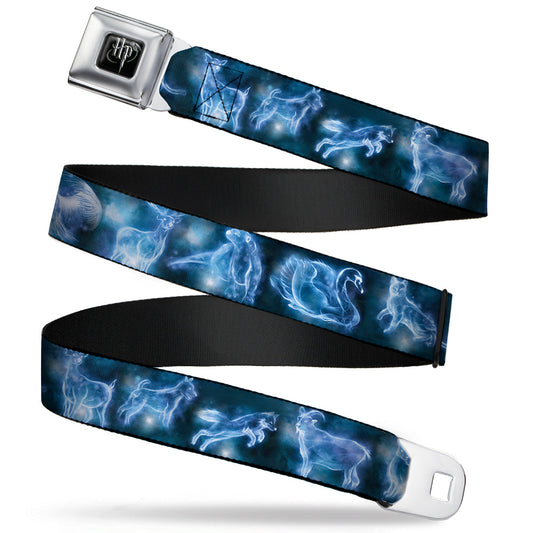 Harry Potter Logo Full Color Black/White Seatbelt Belt - Harry Potter Animal Spirits Black/Blue Webbing - MEGA POP COMICS