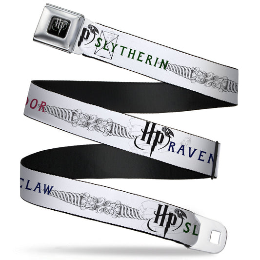 Harry Potter Logo Full Color Black/White Seatbelt Belt - Harry Potter GRYFFINDOR/RAVENCLAW/SLYTHERIN White/Black Webbing - MEGA POP COMICS
