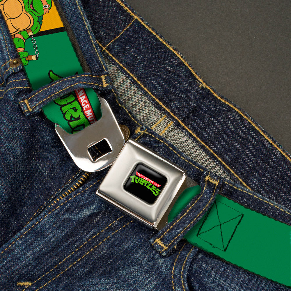 Classic TMNT Logo Full Color Seatbelt Belt - Classic TEENAGE MUTANT NINJA TURTLES Group Pose3/TMNT Logo Green/Multi Color Webbing - MEGA POP COMICS