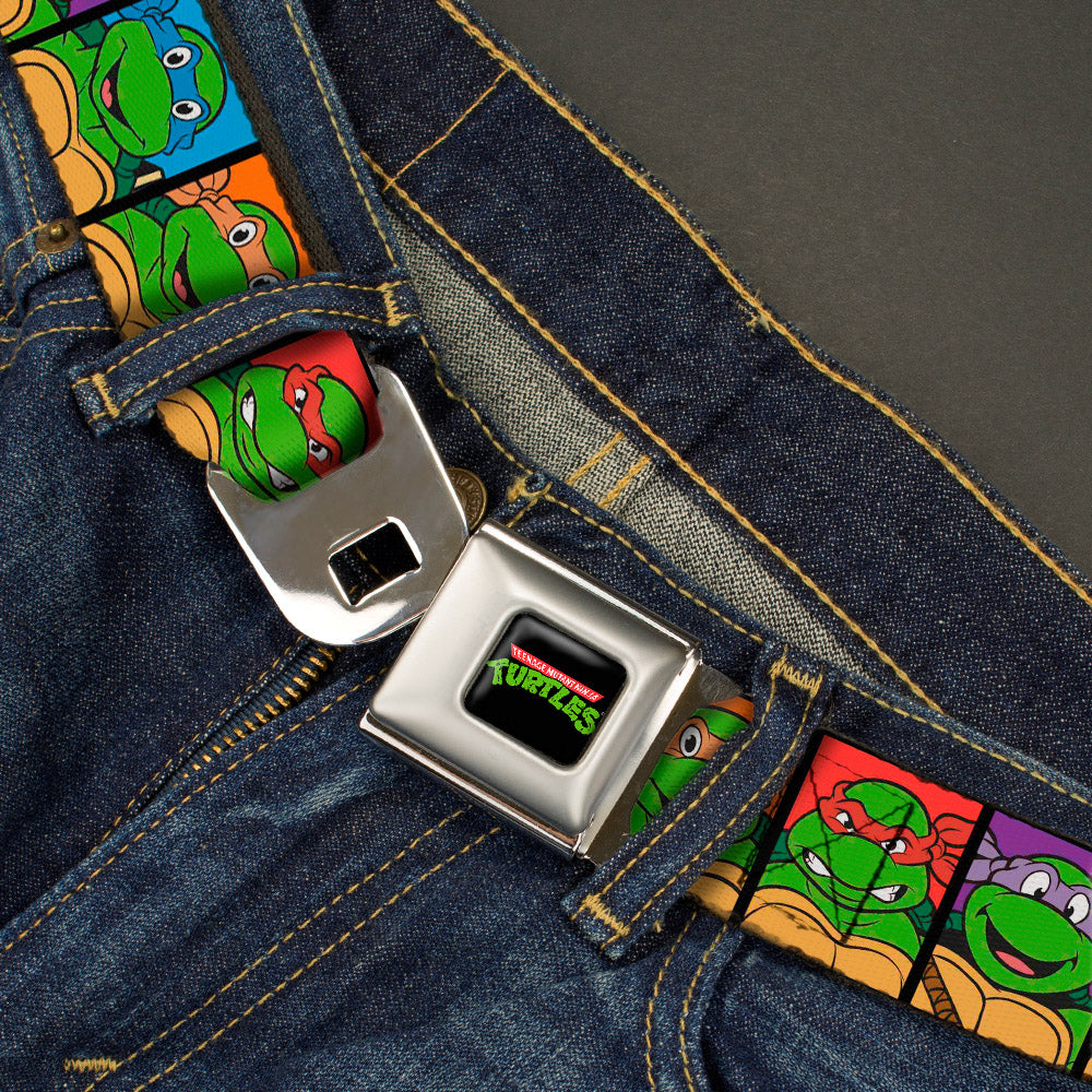 Classic TMNT Logo Full Color Seatbelt Belt - Classic Teenage Mutant Ninja Turtles Face Blocks Black/Multi Color Webbing - MEGA POP COMICS
