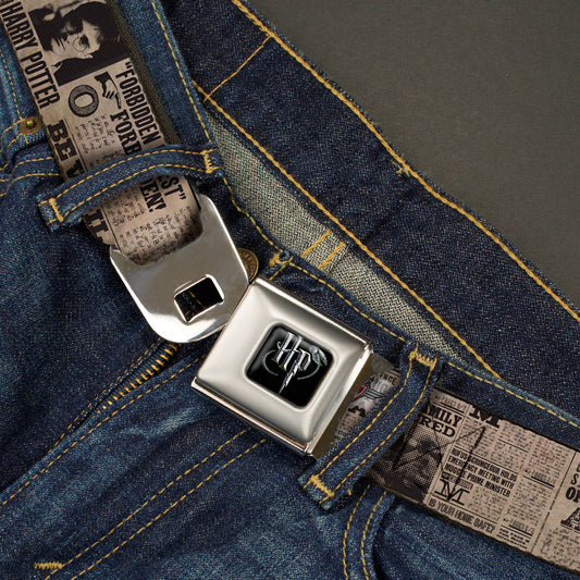 Harry Potter Logo Full Color Black/White Seatbelt Belt - Harry Potter Newspaper Headlines Webbing - MEGA POP COMICS