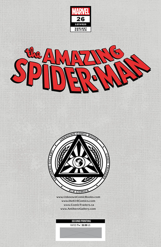 Amazing Spider-Man #26 2Nd Printing Unknown Comics Davide Paratore Exclusive Virgin Var (07/12/2023) - MEGA POP COMICS 
