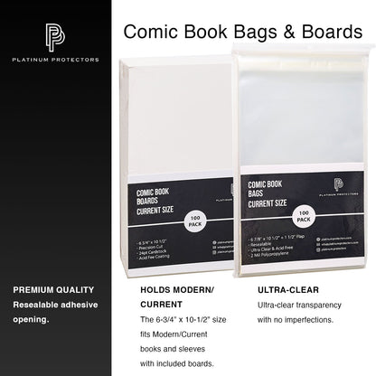 Platinum Protectors Comic Book Bags & Boards for Current/Modern with Resealable Strip - 100 Pack - MEGA POP COMICS 