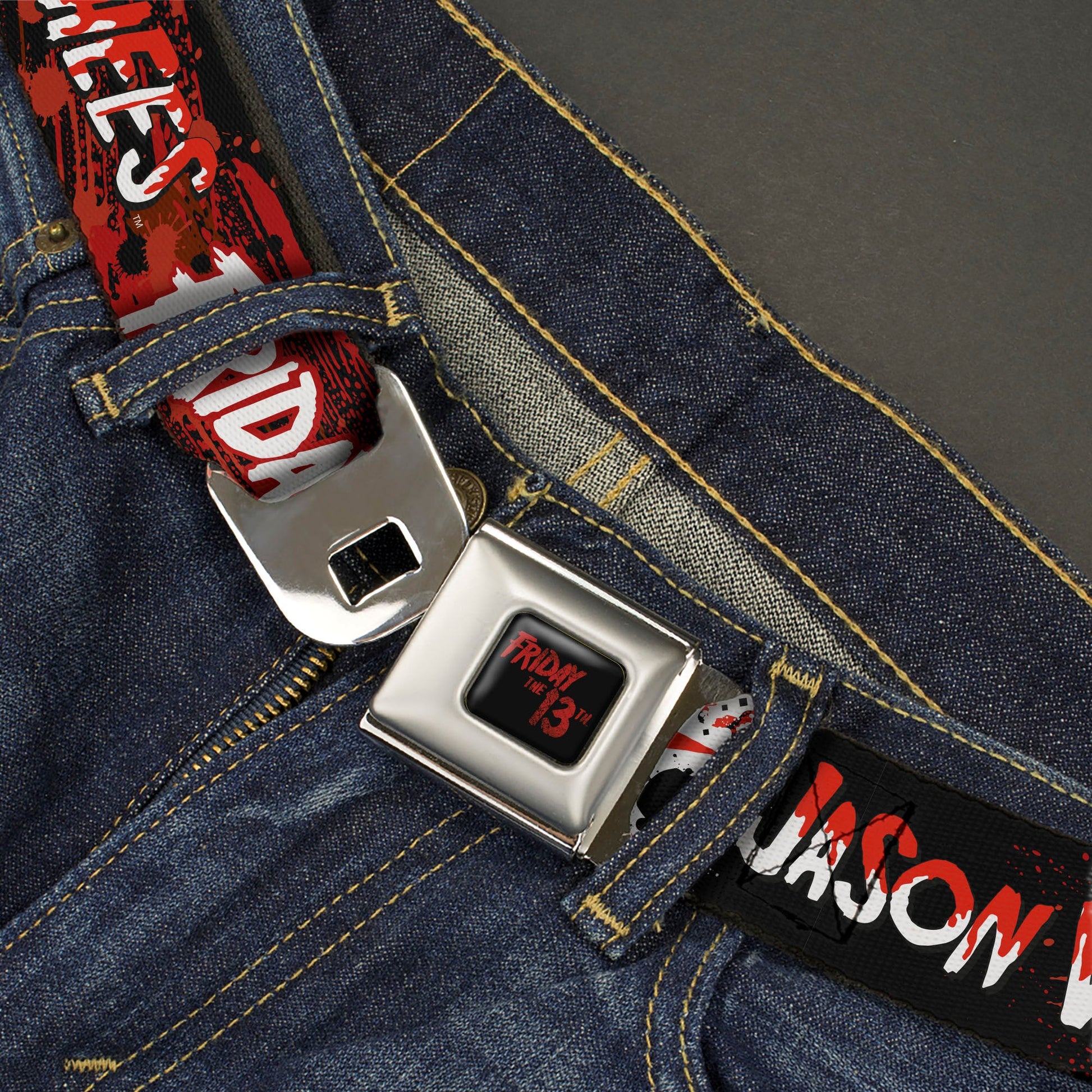 FRIDAY THE 13TH Title Logo Full Color Black/Red Seatbelt Belt - FRIDAY THE 13TH JASON VOORHIES Mask Text Black/Red/White Webbing - MEGA POP COMICS 