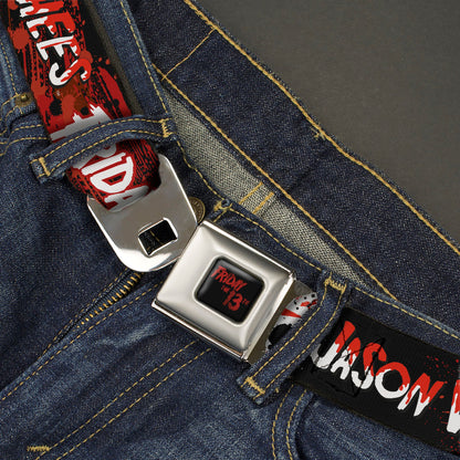 FRIDAY THE 13TH Title Logo Full Color Black/Red Seatbelt Belt - FRIDAY THE 13TH JASON VOORHIES Mask Text Black/Red/White Webbing - MEGA POP COMICS 