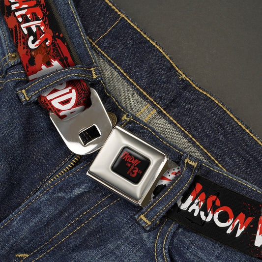 FRIDAY THE 13TH Title Logo Full Color Black/Red Seatbelt Belt - FRIDAY THE 13TH JASON VOORHIES Mask Text Black/Red/White Webbing - MEGA POP COMICS 