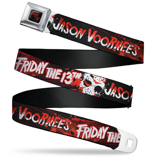 FRIDAY THE 13TH Title Logo Full Color Black/Red Seatbelt Belt - FRIDAY THE 13TH JASON VOORHIES Mask Text Black/Red/White Webbing - MEGA POP COMICS 