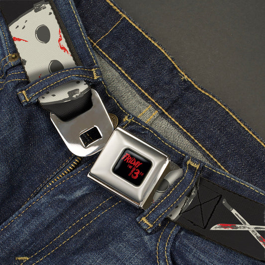 FRIDAY THE 13TH Title Logo Full Color Black/Red Seatbelt Belt - Friday the 13th JASON VOORHEES Script and Hockey Mask Black Webbing - MEGA POP COMICS 