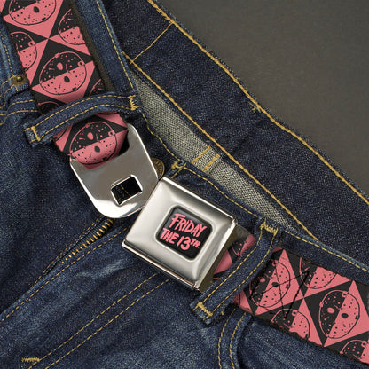FRIDAY THE 13TH Title Logo Full Color Black/Red Seatbelt Belt - Friday the 13th Jason Mask Diamond Split Black/Red Webbing - MEGA POP COMICS 