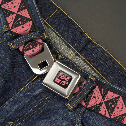 FRIDAY THE 13TH Title Logo Full Color Black/Red Seatbelt Belt - Friday the 13th Jason Mask Diamond Split Black/Red Webbing - MEGA POP COMICS 
