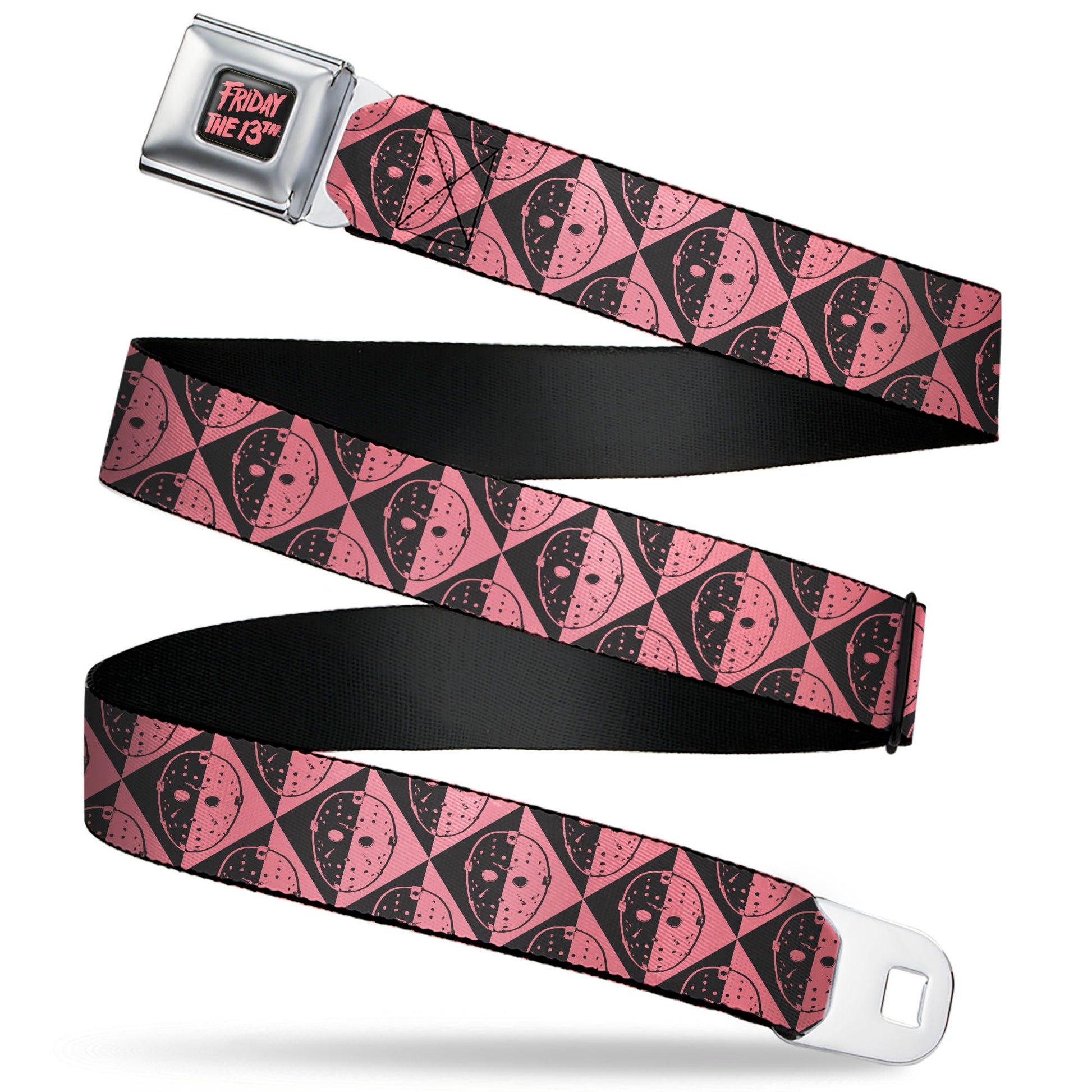 FRIDAY THE 13TH Title Logo Full Color Black/Red Seatbelt Belt - Friday the 13th Jason Mask Diamond Split Black/Red Webbing - MEGA POP COMICS 