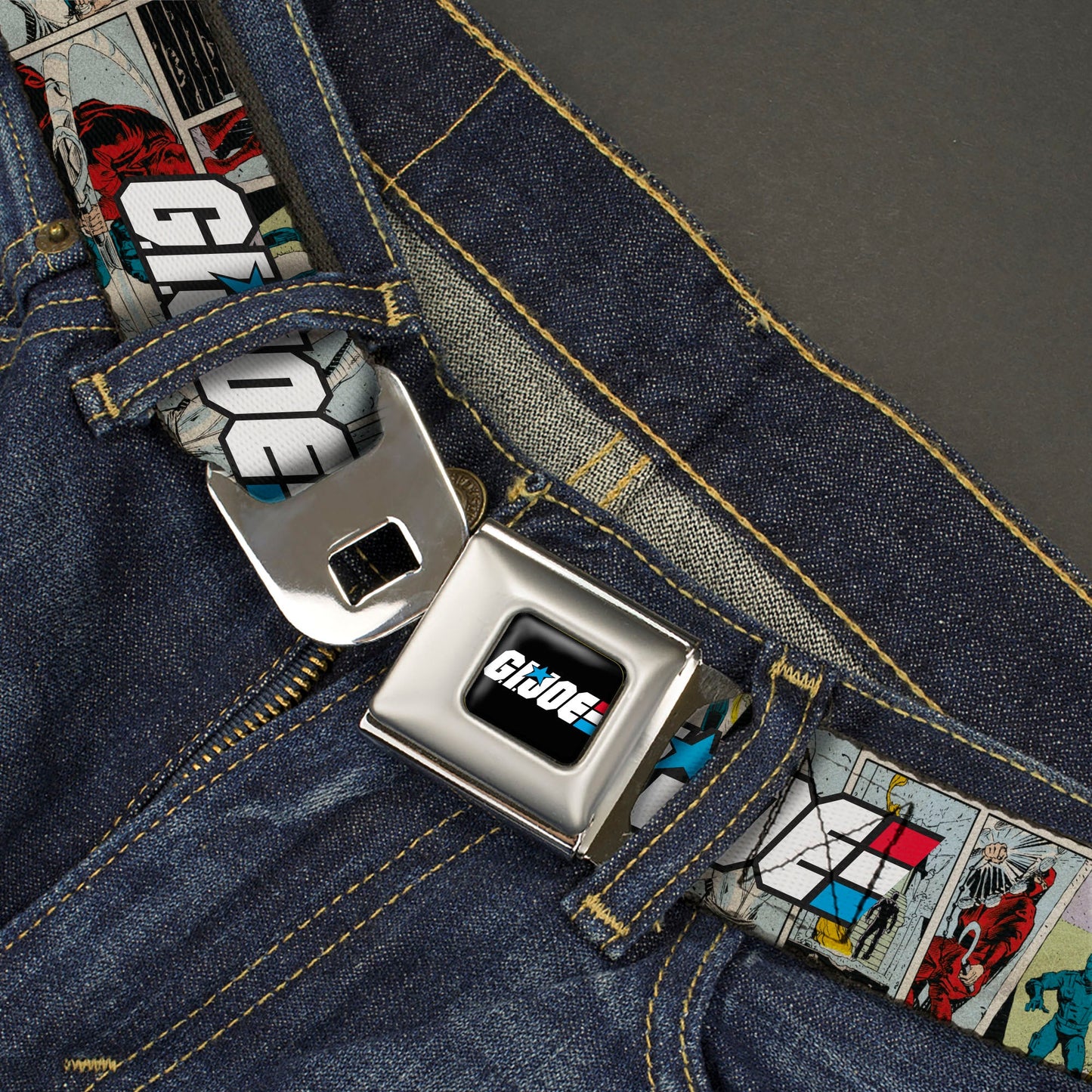 GI JOE Title Logo Stripe Full Color Black/Red/White/Blue Seatbelt Belt - GI JOE Title Logo and Comic Scene Blocks Webbing - MEGA POP COMICS 