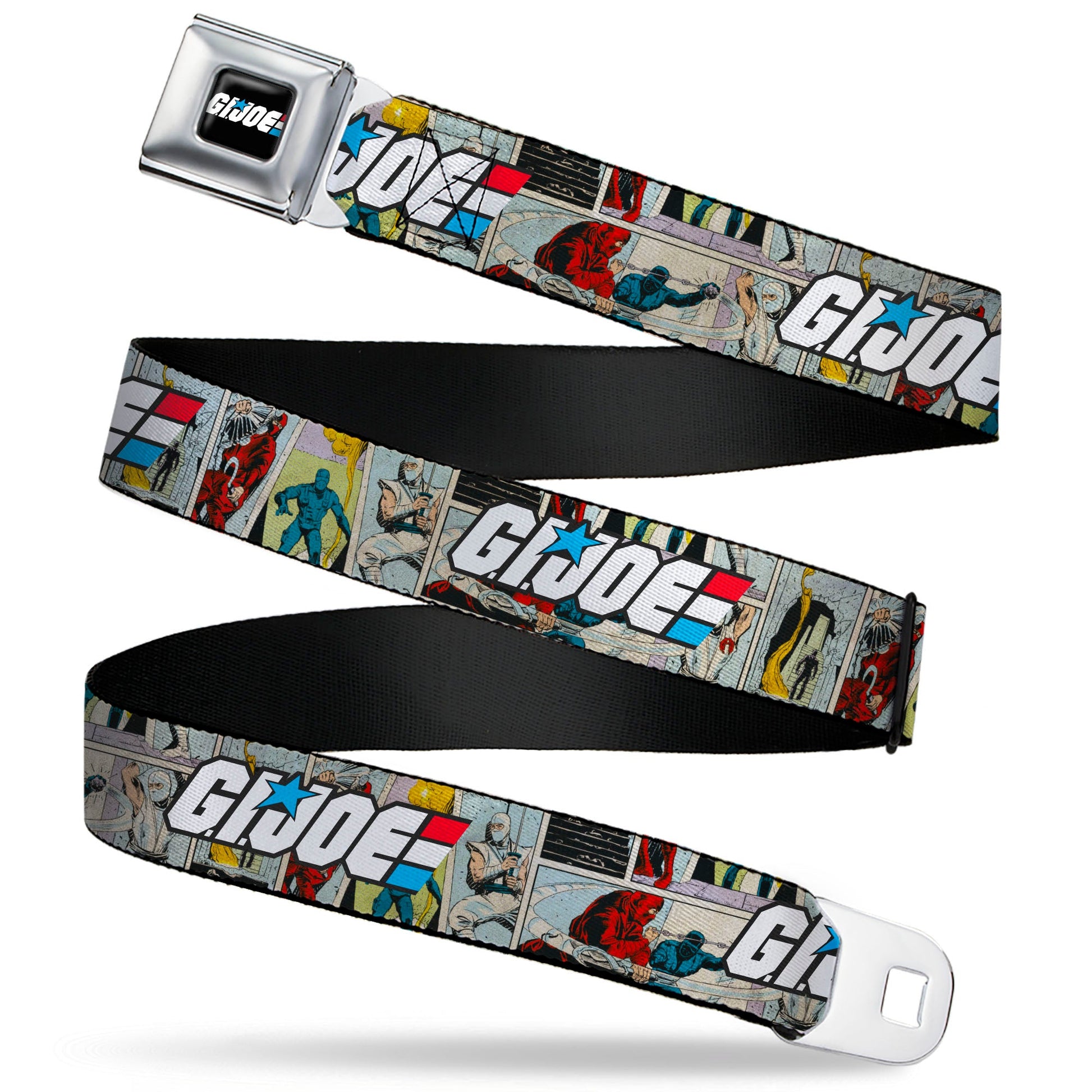 GI JOE Title Logo Stripe Full Color Black/Red/White/Blue Seatbelt Belt - GI JOE Title Logo and Comic Scene Blocks Webbing - MEGA POP COMICS 