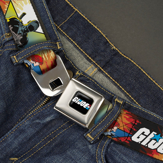 GI JOE Title Logo Stripe Full Color Black/Red/White/Blue Seatbelt Belt - GI JOE Storm Shadow Snake Eyes and Scarlett Comic Cover Poses Explosion Webbing - MEGA POP COMICS 
