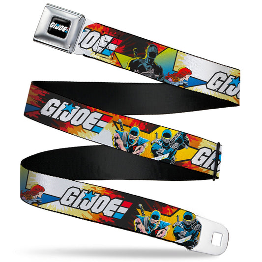 GI JOE Title Logo Stripe Full Color Black/Red/White/Blue Seatbelt Belt - GI JOE Storm Shadow Snake Eyes and Scarlett Comic Cover Poses Explosion Webbing - MEGA POP COMICS 