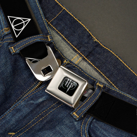 Harry Potter Logo Full Color Black/White Seatbelt Belt - Deathly Hallows Symbol Black/White Webbing - MEGA POP COMICS 